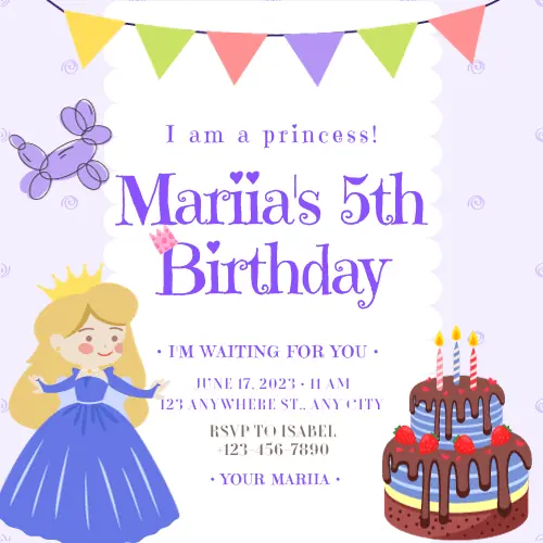 Princess themed birthday Invitation for kids